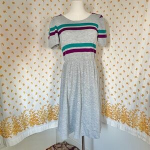 ILGWU Vintage Gray Striped Low-Back Puff Sleeve Midi Dress – Size 13